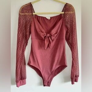 Peach Love California Mauve Bodysuit with Sheer Sleeves